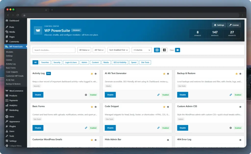WordPress admin dashboard showing the WP PowerSuite plugins page with module cards and settings.