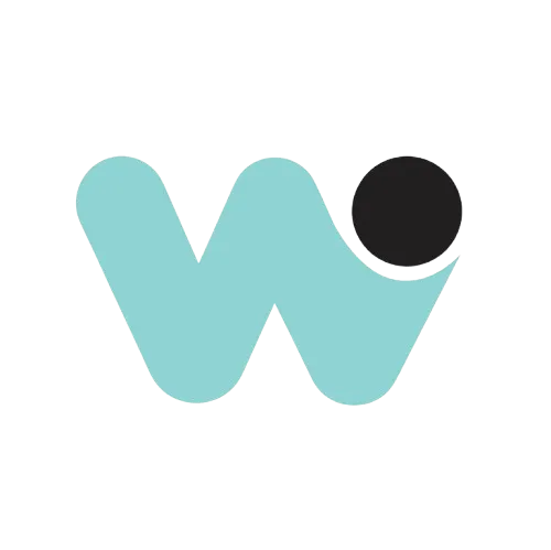 Turquoise lowercase w logo with a dark circular dot on a transparent background