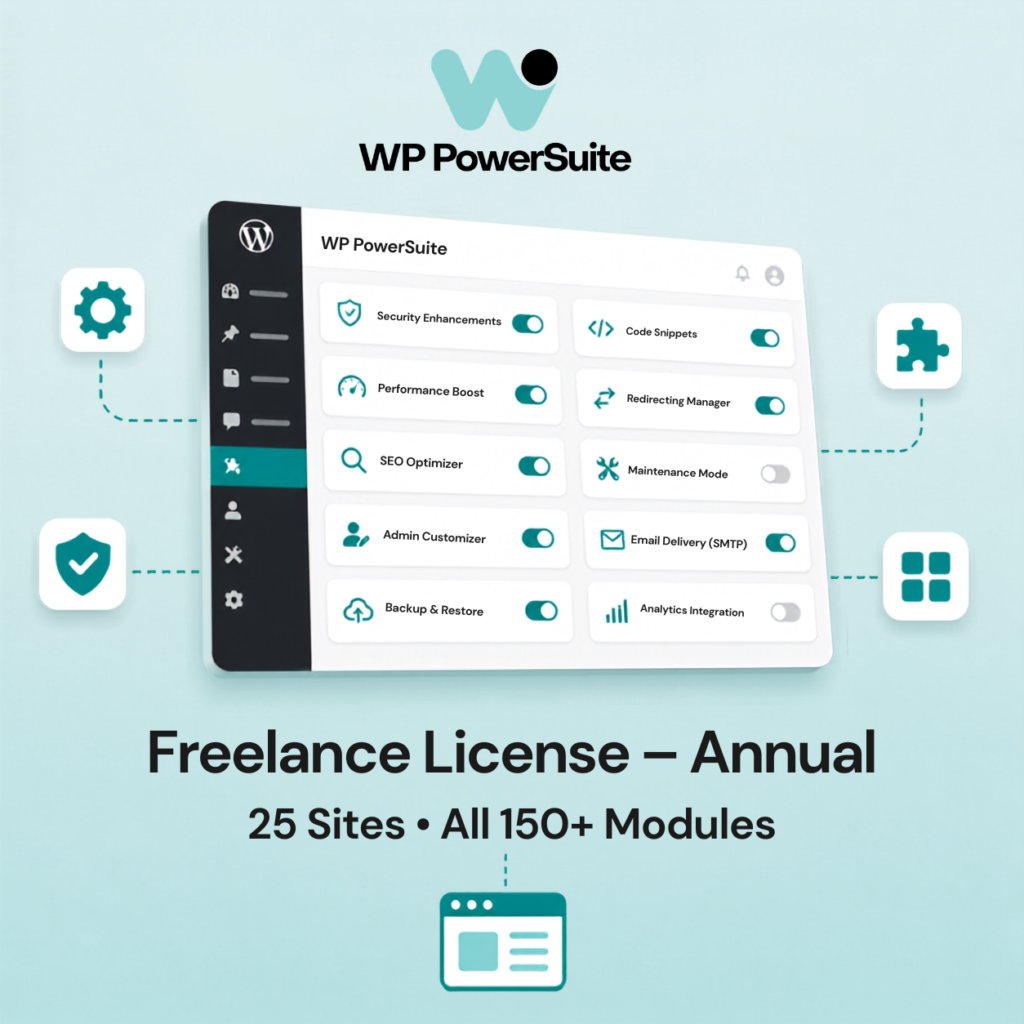 WPPowerSuite Freelancer (Annual) dashboard graphic with freelance license for 25 sites and 150+ modules