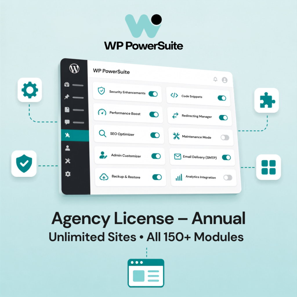 WPPowerSuite Agency (Annual) dashboard graphic with WordPress plugin modules and annual agency license text