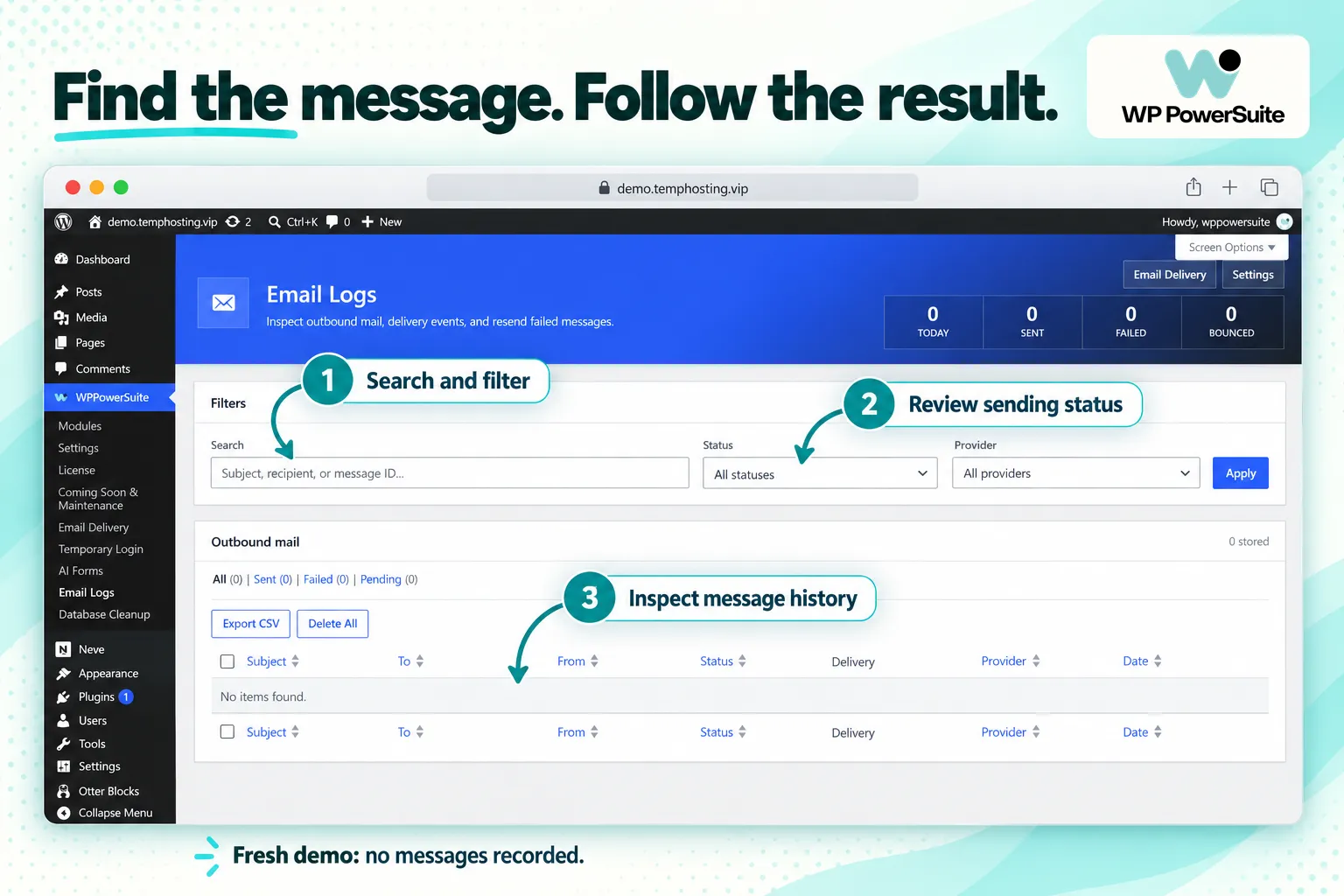 WP PowerSuite Email Logs search filters and empty demo message history
