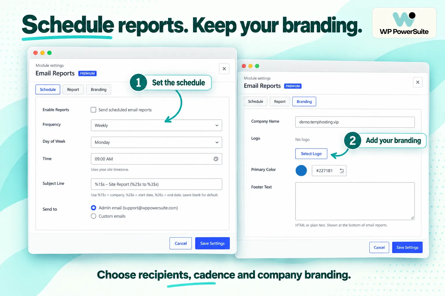 WP PowerSuite Email Reports scheduling and branding settings