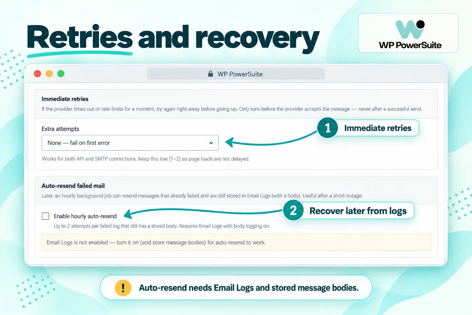 WP PowerSuite immediate retries and auto-resend settings
