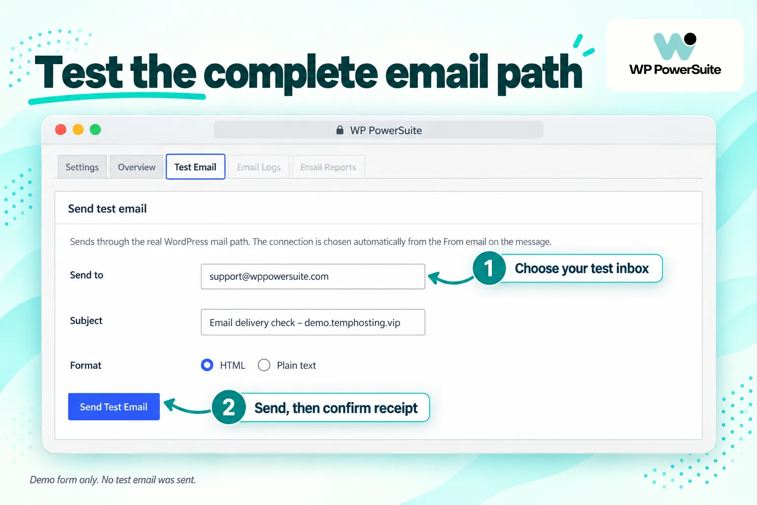 WP PowerSuite test email form showing recipient, subject and message format