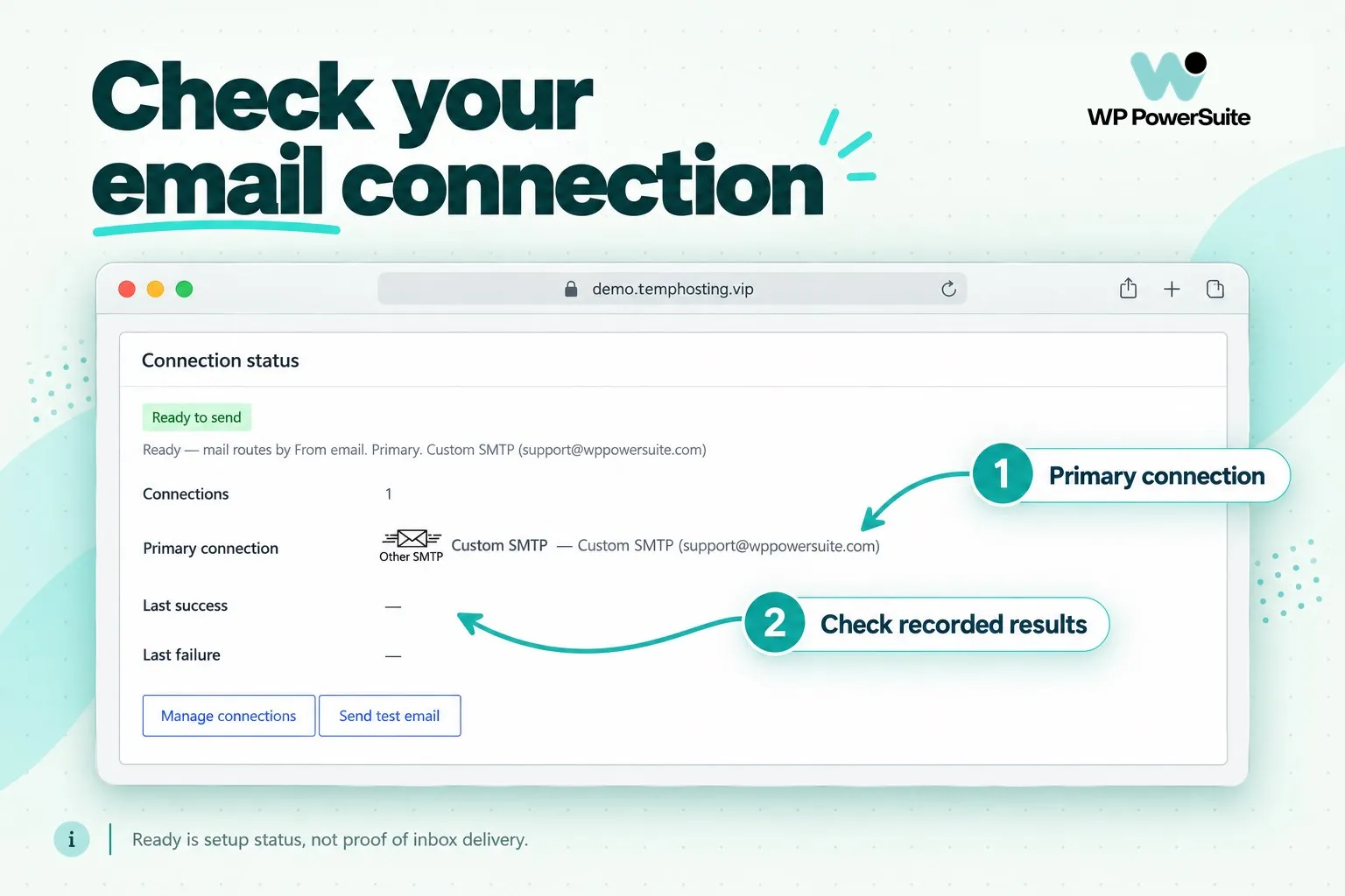 WP PowerSuite connection overview showing the primary SMTP connection and last-result fields